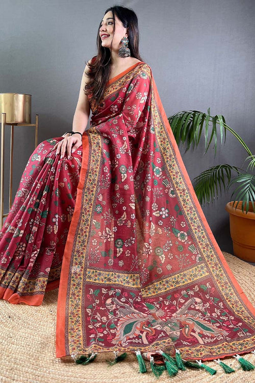 Load image into Gallery viewer, Refreshing Dark Pink Kalamkari Printed Saree With Flaunt Blouse Piece
