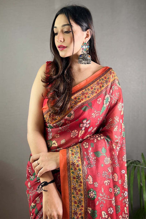 Load image into Gallery viewer, Refreshing Dark Pink Kalamkari Printed Saree With Flaunt Blouse Piece
