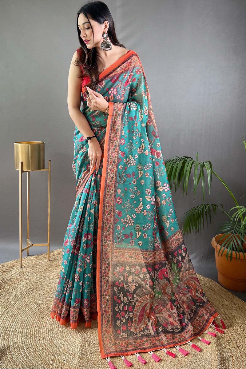 Gratifying Firozi Kalamkari Printed Saree With Girlish Blouse Piece