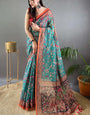 Gratifying Firozi Kalamkari Printed Saree With Girlish Blouse Piece