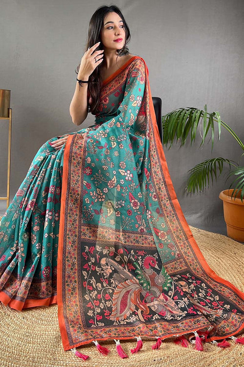 Load image into Gallery viewer, Gratifying Firozi Kalamkari Printed Saree With Girlish Blouse Piece
