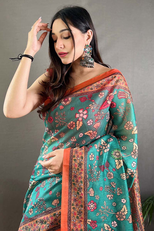 Load image into Gallery viewer, Gratifying Firozi Kalamkari Printed Saree With Girlish Blouse Piece
