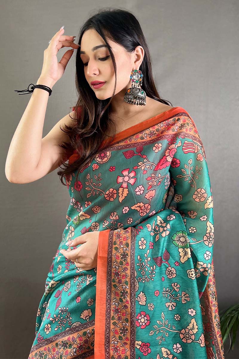 Gratifying Firozi Kalamkari Printed Saree With Girlish Blouse Piece