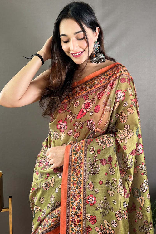 Load image into Gallery viewer, Smart Mehndi Kalamkari Printed Saree With Ethnic Blouse Piece
