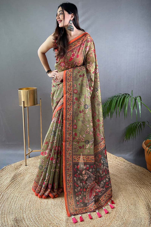 Load image into Gallery viewer, Smart Mehndi Kalamkari Printed Saree With Ethnic Blouse Piece
