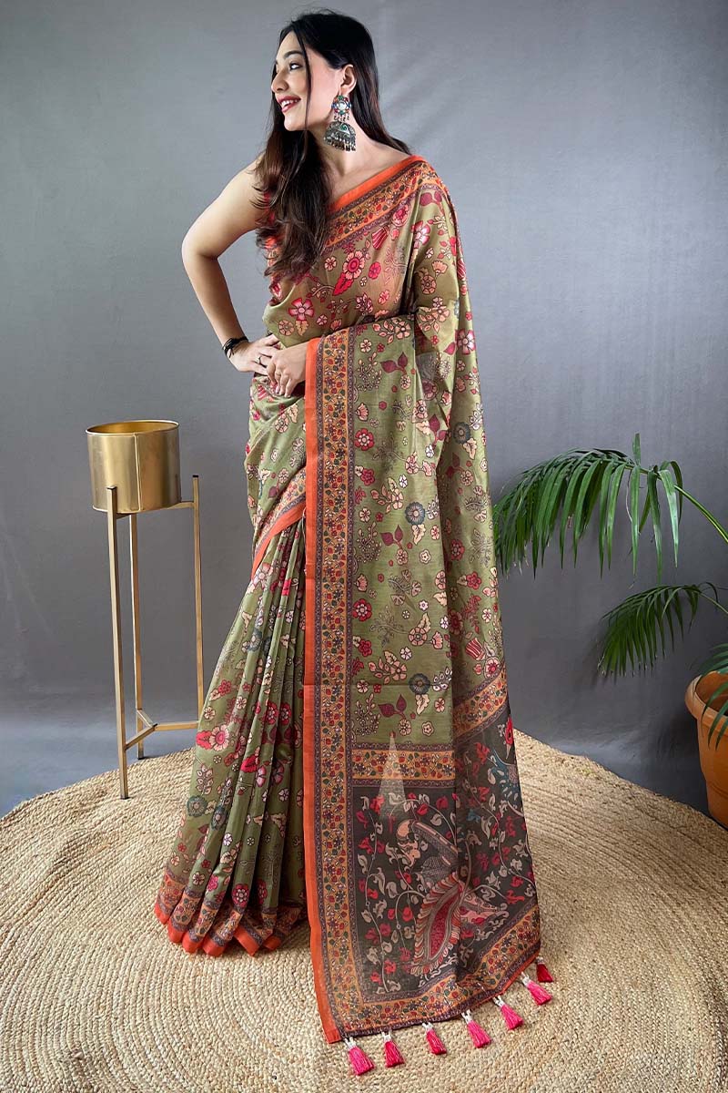 Smart Mehndi Kalamkari Printed Saree With Ethnic Blouse Piece