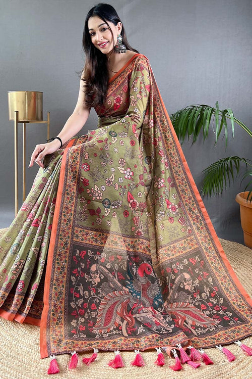 Load image into Gallery viewer, Smart Mehndi Kalamkari Printed Saree With Ethnic Blouse Piece
