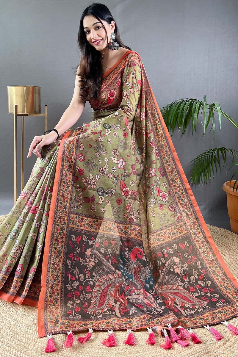 Smart Mehndi Kalamkari Printed Saree With Ethnic Blouse Piece