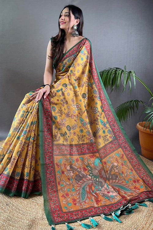 Load image into Gallery viewer, Hypnotic Mustard Kalamkari Printed Saree With Groovy Blouse Piece
