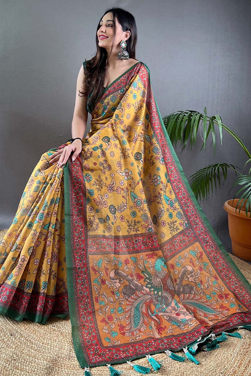 Hypnotic Mustard Kalamkari Printed Saree With Groovy Blouse Piece