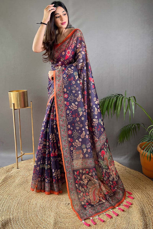 Load image into Gallery viewer, Fancifull Navy Blue Kalamkari Printed Saree With Twirling Blouse Piece
