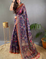 Fancifull Navy Blue Kalamkari Printed Saree With Twirling Blouse Piece