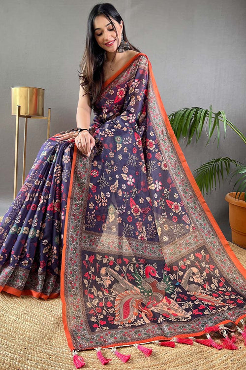 Load image into Gallery viewer, Fancifull Navy Blue Kalamkari Printed Saree With Twirling Blouse Piece
