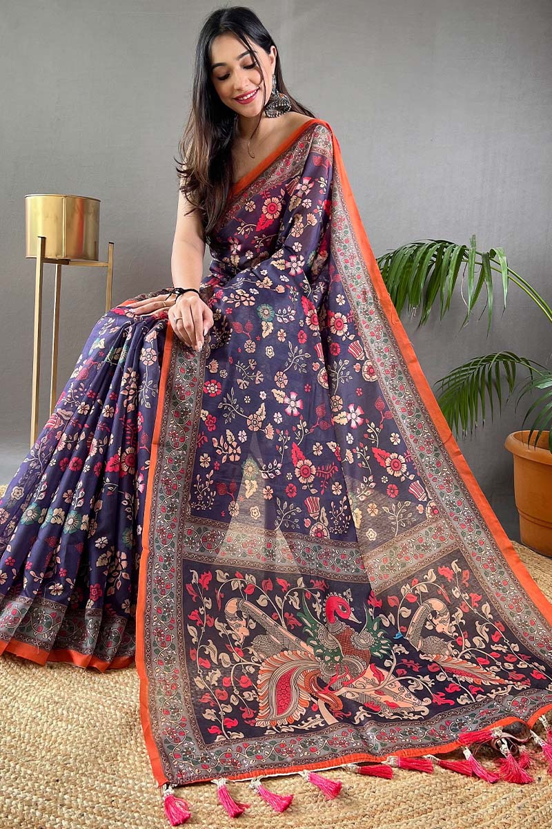 Fancifull Navy Blue Kalamkari Printed Saree With Twirling Blouse Piece