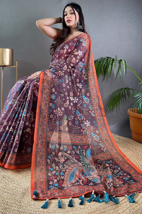 Load image into Gallery viewer, Adoring Wine Kalamkari Printed Saree With Excellent Blouse Piece
