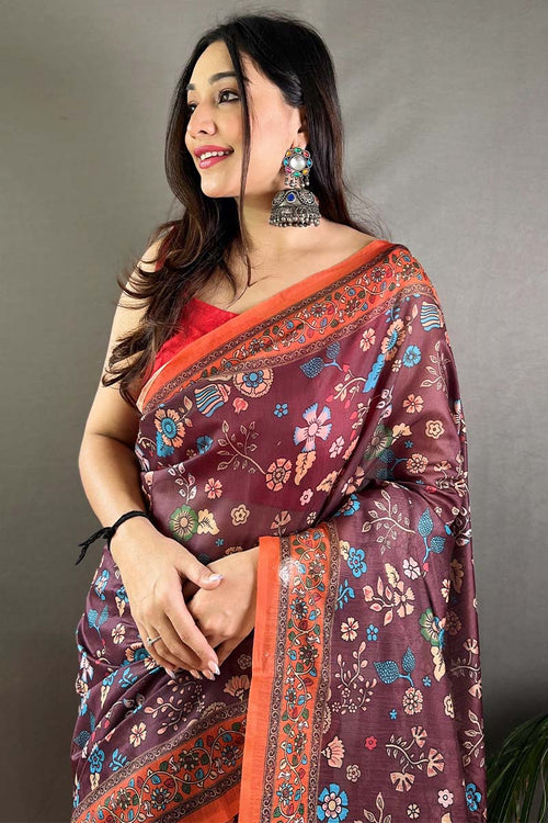 Load image into Gallery viewer, Adoring Wine Kalamkari Printed Saree With Excellent Blouse Piece
