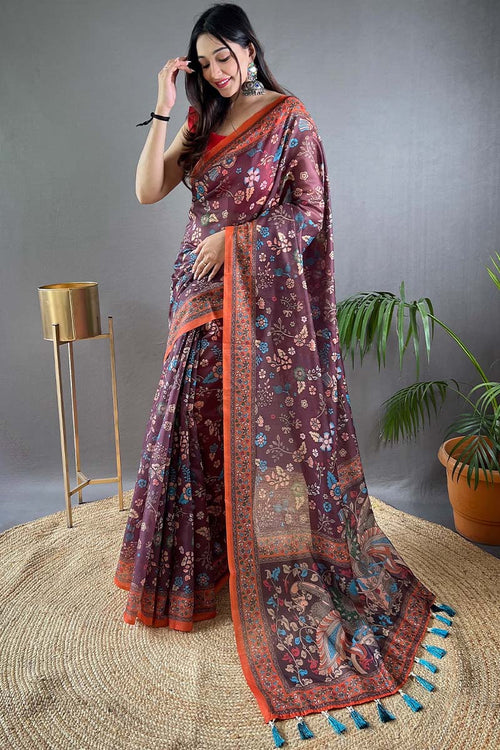 Load image into Gallery viewer, Adoring Wine Kalamkari Printed Saree With Excellent Blouse Piece
