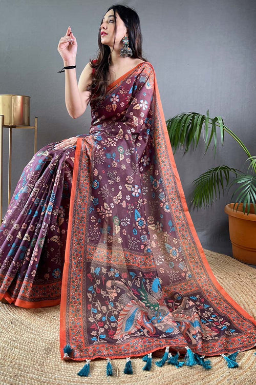 Load image into Gallery viewer, Adoring Wine Kalamkari Printed Saree With Excellent Blouse Piece
