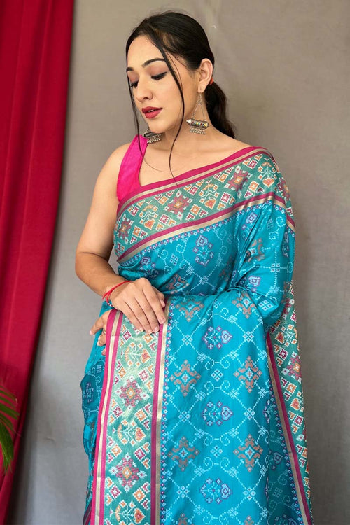 Load image into Gallery viewer, Amiable Firozi Patola Silk Saree with Proficient Blouse Piece
