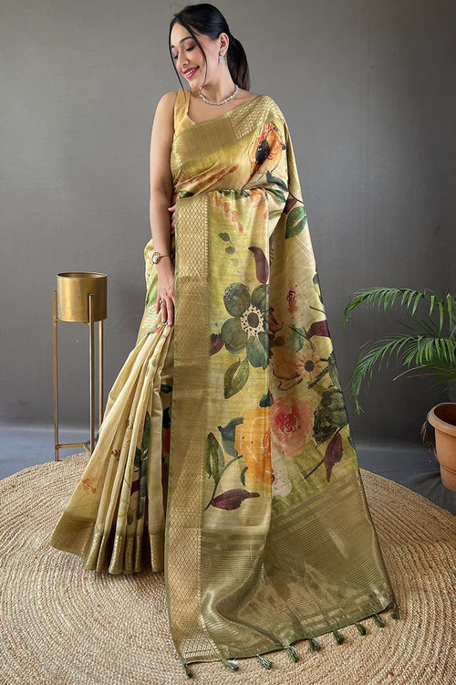 Load image into Gallery viewer, Mellifluous Green Digital Printed Tussar Silk Saree With Evanescent Blouse Piece
