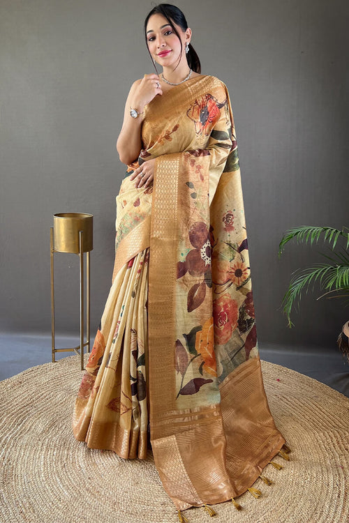 Load image into Gallery viewer, Surreptitious Mustard Digital Printed Tussar Silk Saree With Lassitude Blouse Piece
