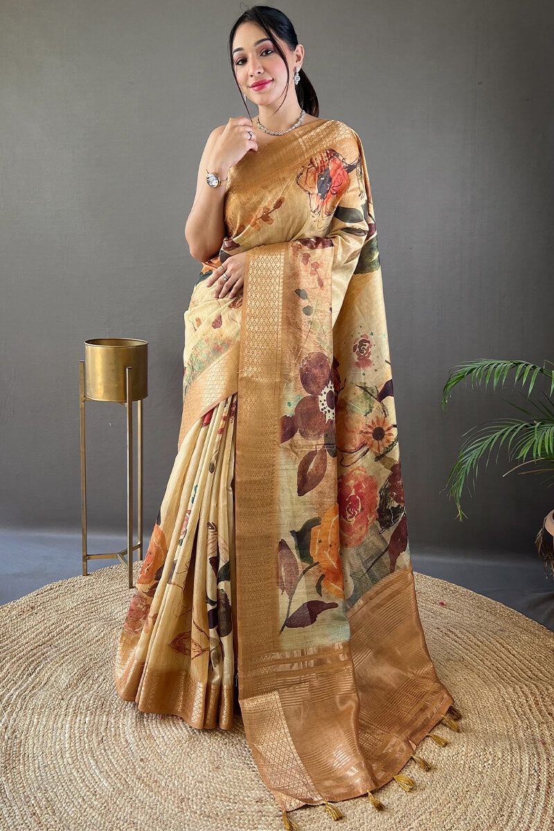 Surreptitious Mustard Digital Printed Tussar Silk Saree With Lassitude Blouse Piece