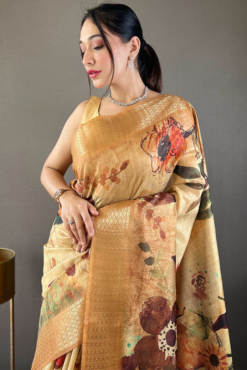 Load image into Gallery viewer, Surreptitious Mustard Digital Printed Tussar Silk Saree With Lassitude Blouse Piece
