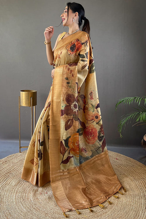 Load image into Gallery viewer, Surreptitious Mustard Digital Printed Tussar Silk Saree With Lassitude Blouse Piece
