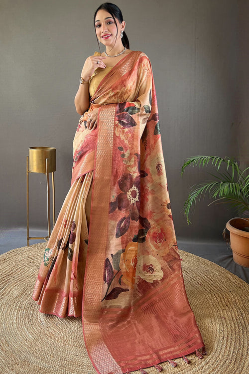 Load image into Gallery viewer, Surreptitious Pink Digital Printed Tussar Silk Saree With Luxuriant Blouse Piece
