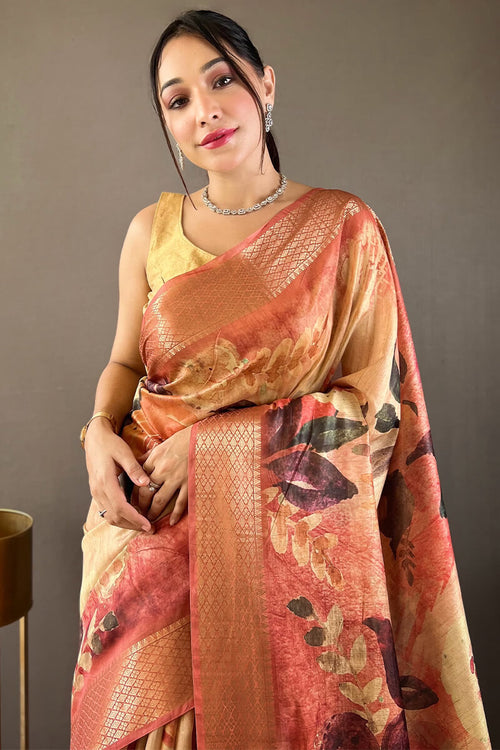 Load image into Gallery viewer, Surreptitious Pink Digital Printed Tussar Silk Saree With Luxuriant Blouse Piece
