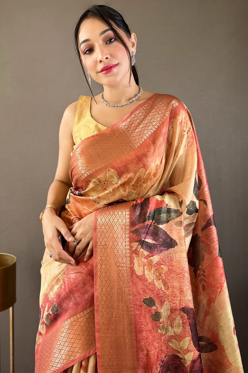 Surreptitious Pink Digital Printed Tussar Silk Saree With Luxuriant Blouse Piece