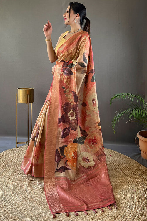 Load image into Gallery viewer, Surreptitious Pink Digital Printed Tussar Silk Saree With Luxuriant Blouse Piece
