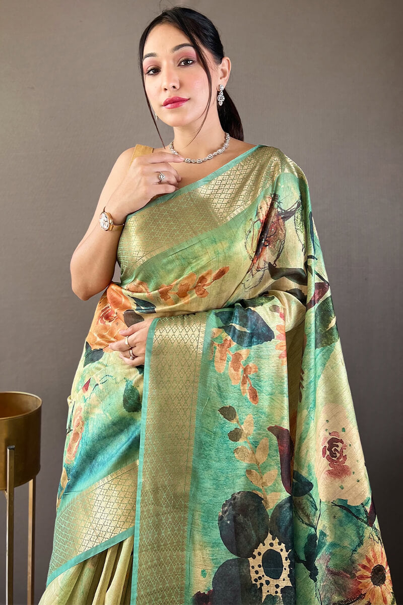 Unequalled Rama Digital Printed Tussar Silk Saree With Enamoring Blouse Piece