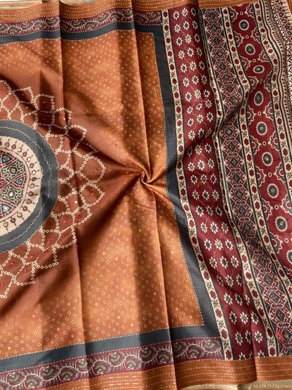 Stylish Brown Bandhani Printed Soft Silk Saree With Desiring Blouse Piece
