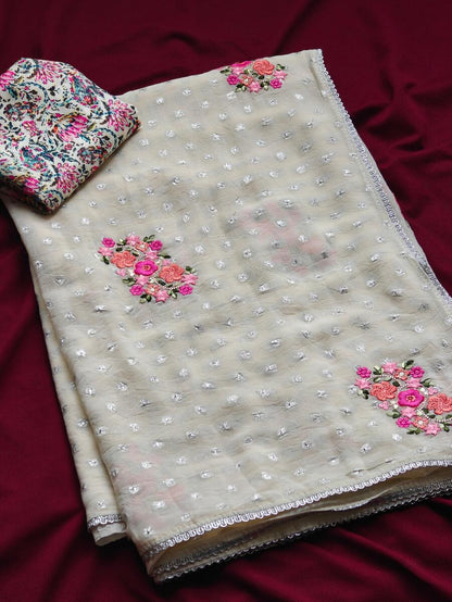 Jazzy Off White Embroidery Work Chiffon Silk Saree With Fragrant Blouse Piece