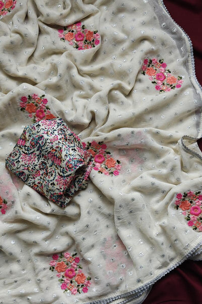 Jazzy Off White Embroidery Work Chiffon Silk Saree With Fragrant Blouse Piece