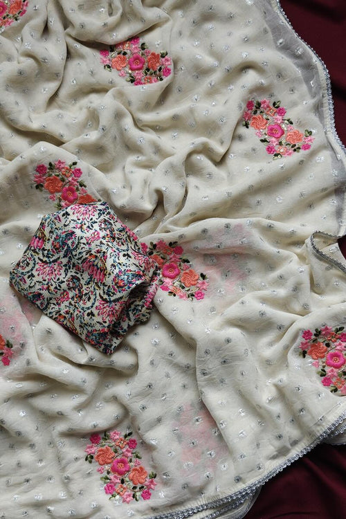 Load image into Gallery viewer, Jazzy Off White Embroidery Work Chiffon Silk Saree With Fragrant Blouse Piece
