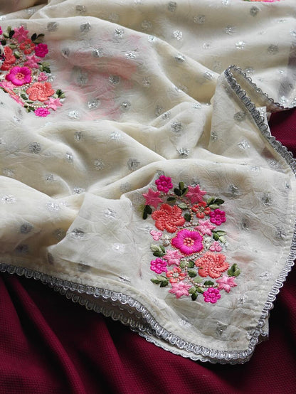 Jazzy Off White Embroidery Work Chiffon Silk Saree With Fragrant Blouse Piece