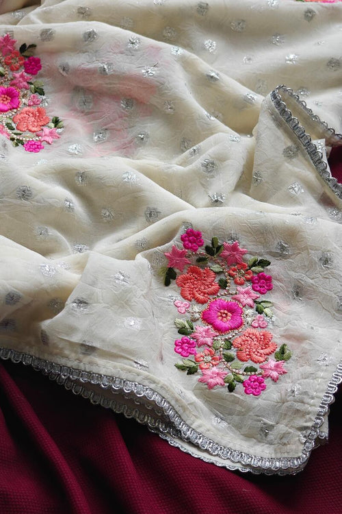 Load image into Gallery viewer, Jazzy Off White Embroidery Work Chiffon Silk Saree With Fragrant Blouse Piece
