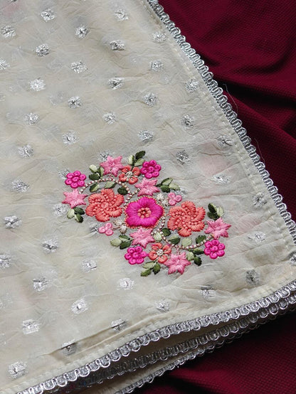 Jazzy Off White Embroidery Work Chiffon Silk Saree With Fragrant Blouse Piece