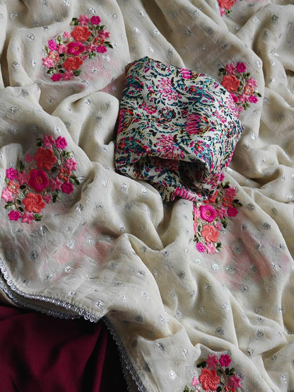 Jazzy Off White Embroidery Work Chiffon Silk Saree With Fragrant Blouse Piece