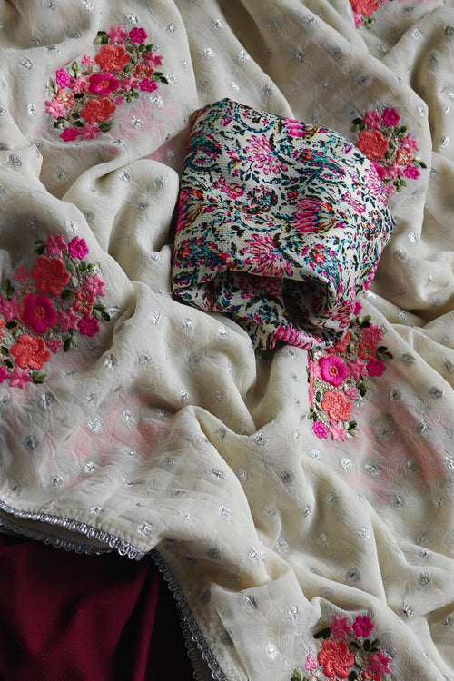 Load image into Gallery viewer, Jazzy Off White Embroidery Work Chiffon Silk Saree With Fragrant Blouse Piece
