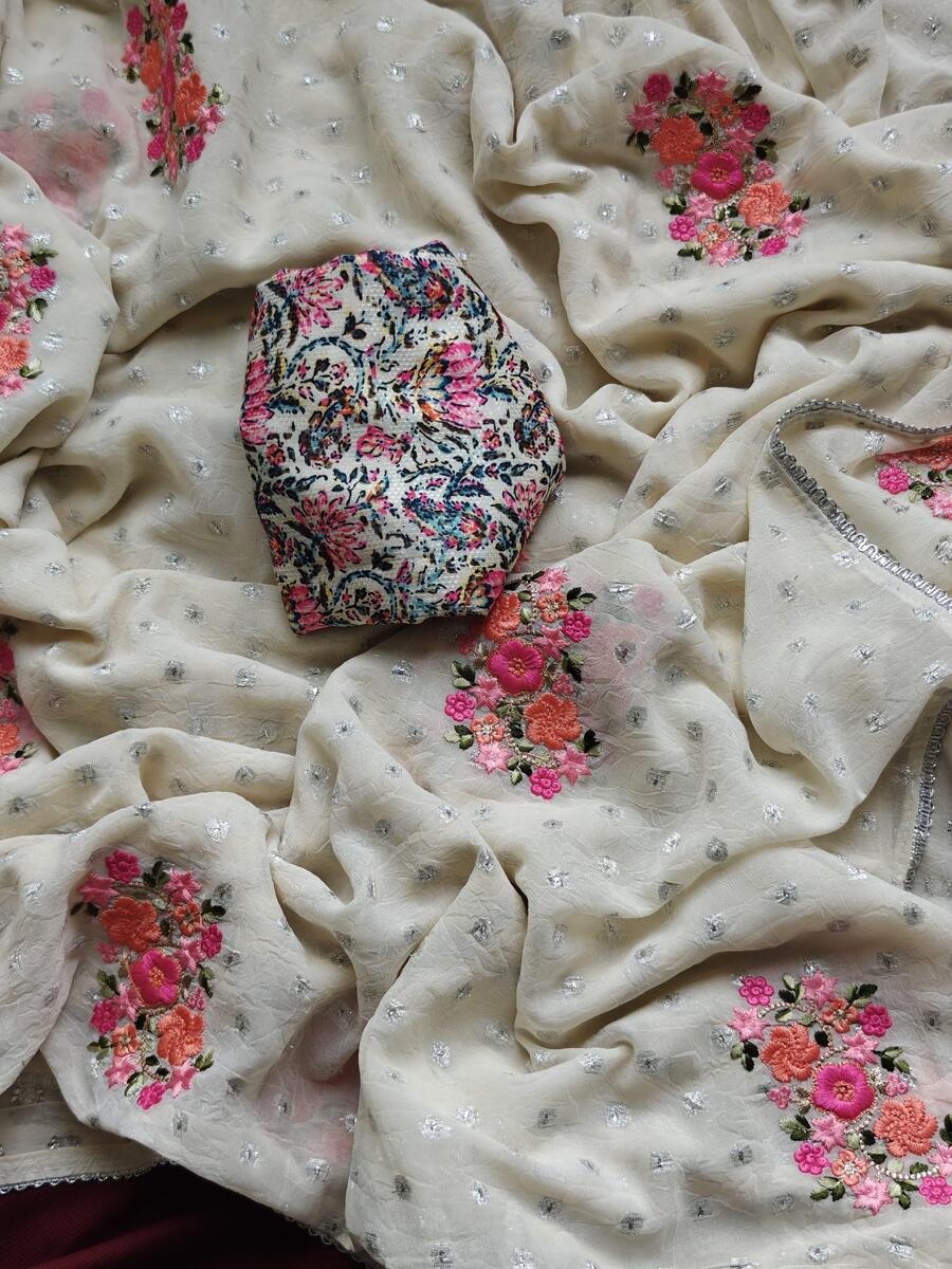 Jazzy Off White Embroidery Work Chiffon Silk Saree With Fragrant Blouse Piece