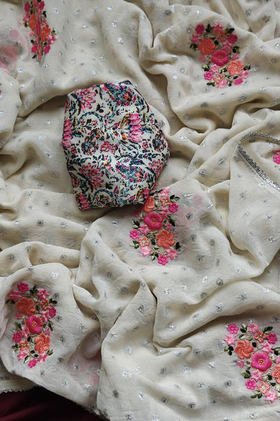 Jazzy Off White Embroidery Work Chiffon Silk Saree With Fragrant Blouse Piece