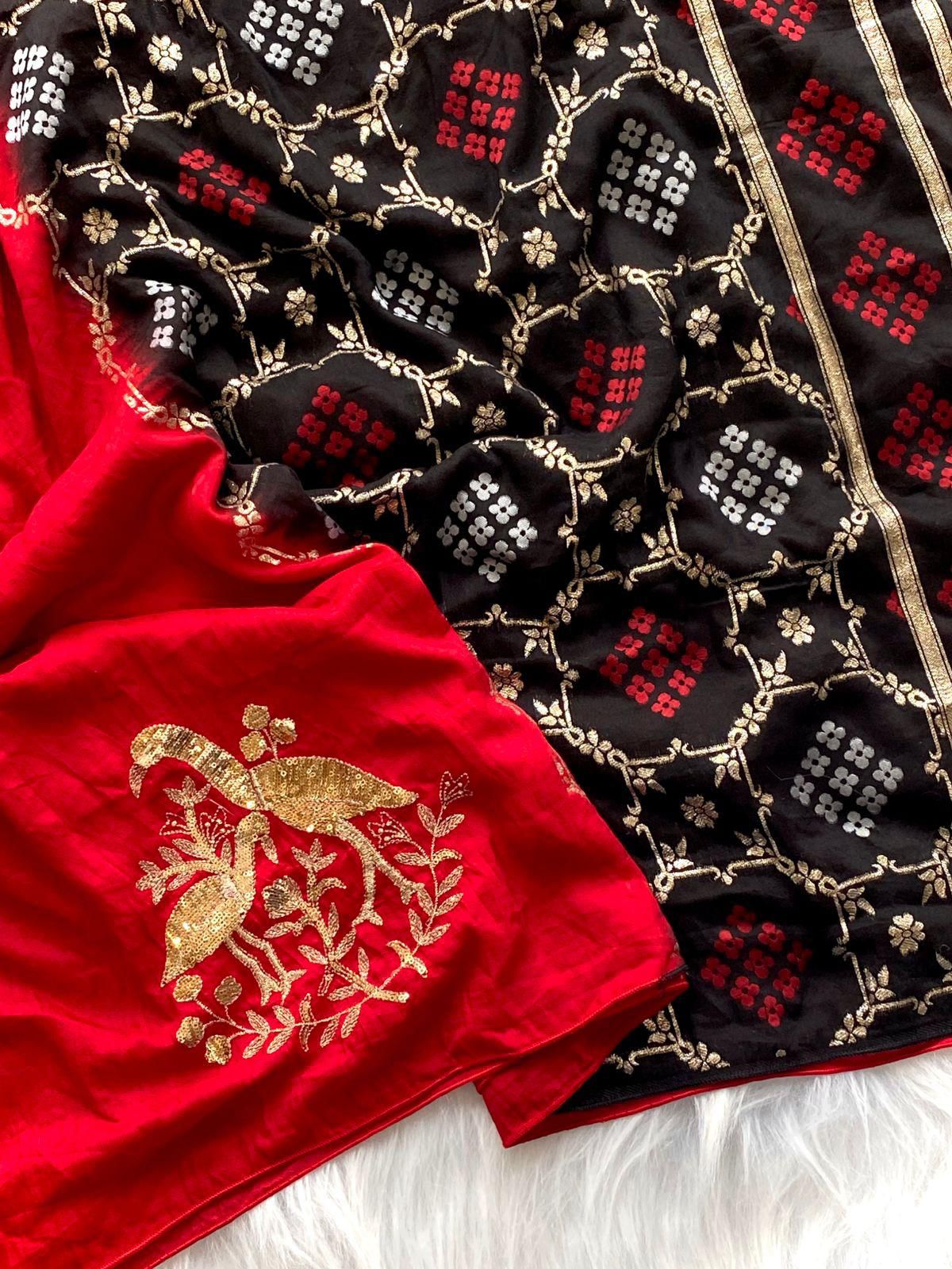 Cynosure Red Sequence Work Georgette Saree With Stunner Blouse Piece