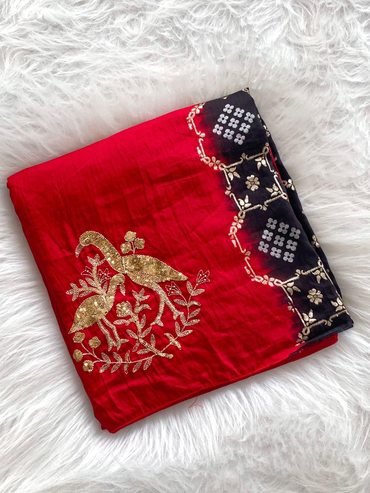 Cynosure Red Sequence Work Georgette Saree With Stunner Blouse Piece