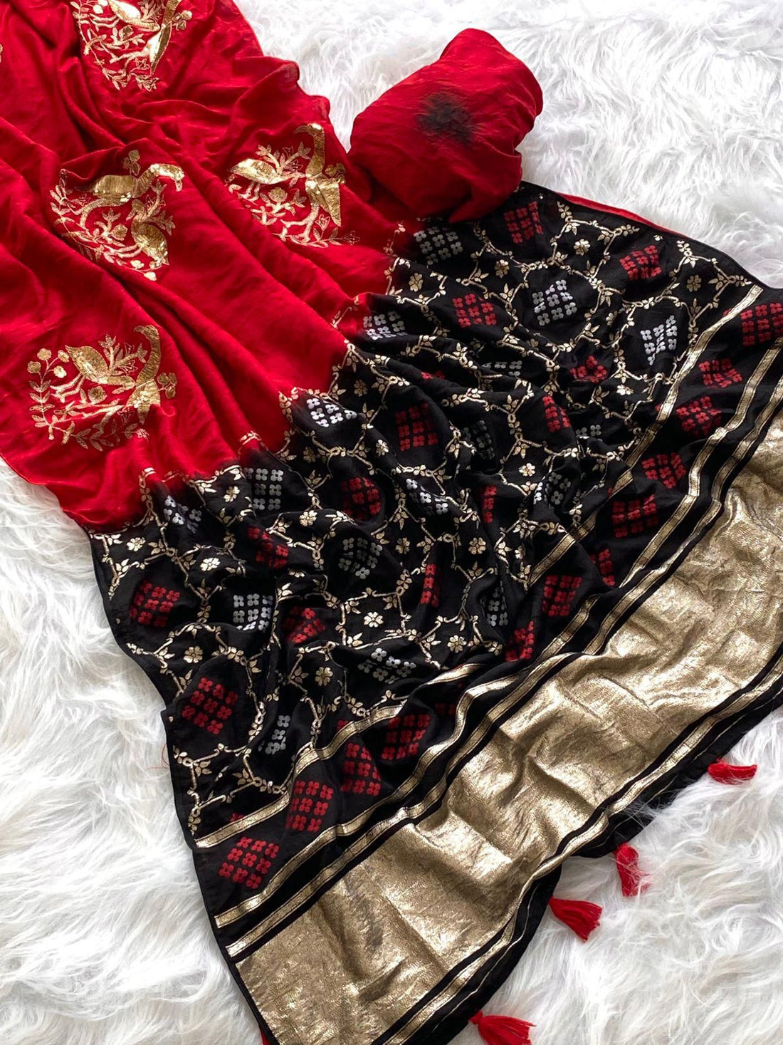 Cynosure Red Sequence Work Georgette Saree With Stunner Blouse Piece