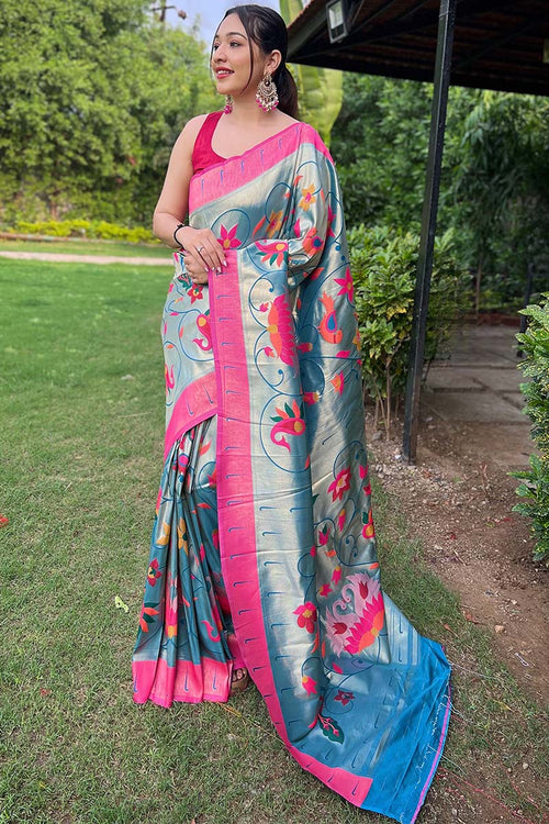 Load image into Gallery viewer, Allure Firozi Paithani Silk Saree With Energetic Blouse Piece
