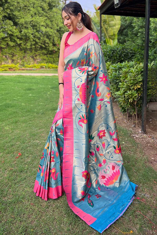 Load image into Gallery viewer, Allure Firozi Paithani Silk Saree With Energetic Blouse Piece
