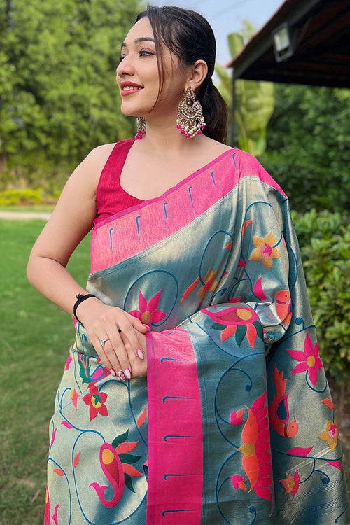 Load image into Gallery viewer, Allure Firozi Paithani Silk Saree With Energetic Blouse Piece
